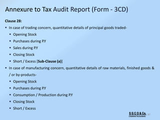 S G C O & Co.
Chartered Accountants
87
Clause 28:
 In case of trading concern, quantitative details of principal goods traded-
 Opening Stock
 Purchases during P.Y
 Sales during P.Y
 Closing Stock
 Short / Excess [Sub-Clause (a)]
 In case of manufacturing concern, quantitative details of raw materials, finished goods &
/ or by-products-
 Opening Stock
 Purchases during P.Y
 Consumption / Production during P.Y
 Closing Stock
 Short / Excess
Annexure to Tax Audit Report (Form - 3CD)
 