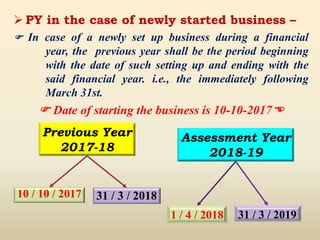 Previous Year
2017-18
Assessment Year
2018-19
10 / 10 / 2017 31 / 3 / 2018
1 / 4 / 2018 31 / 3 / 2019
 PY in the case of newly started business –
 In case of a newly set up business during a financial
year, the previous year shall be the period beginning
with the date of such setting up and ending with the
said financial year. i.e., the immediately following
March 31st.
 Date of starting the business is 10-10-2017
 