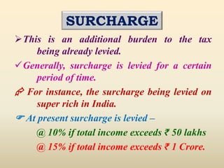 SURCHARGE
This is an additional burden to the tax
being already levied.
Generally, surcharge is levied for a certain
period of time.
 For instance, the surcharge being levied on
super rich in India.
 At present surcharge is levied –
@ 10% if total income exceeds ₹ 50 lakhs
@ 15% if total income exceeds ₹ 1 Crore.
 