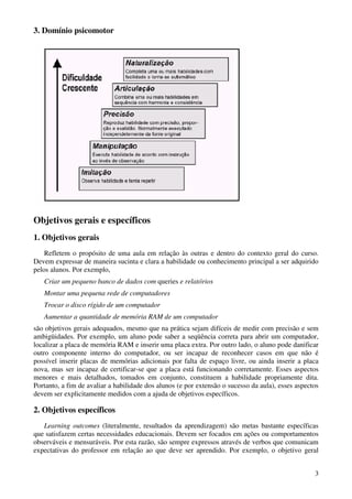 3
3. Domínio psicomotor
Objetivos gerais e específicos
1. Objetivos gerais
Refletem o propósito de uma aula em relação às outras e dentro do contexto geral do curso.
Devem expressar de maneira sucinta e clara a habilidade ou conhecimento principal a ser adquirido
pelos alunos. Por exemplo,
Criar um pequeno banco de dados com queries e relatórios
Montar uma pequena rede de computadores
Trocar o disco rígido de um computador
Aumentar a quantidade de memória RAM de um computador
são objetivos gerais adequados, mesmo que na prática sejam difíceis de medir com precisão e sem
ambigüidades. Por exemplo, um aluno pode saber a seqüência correta para abrir um computador,
localizar a placa de memória RAM e inserir uma placa extra. Por outro lado, o aluno pode danificar
outro componente interno do computador, ou ser incapaz de reconhecer casos em que não é
possível inserir placas de memórias adicionais por falta de espaço livre, ou ainda inserir a placa
nova, mas ser incapaz de certificar-se que a placa está funcionando corretamente. Esses aspectos
menores e mais detalhados, tomados em conjunto, constituem a habilidade propriamente dita.
Portanto, a fim de avaliar a habilidade dos alunos (e por extensão o sucesso da aula), esses aspectos
devem ser explicitamente medidos com a ajuda de objetivos específicos.
2. Objetivos específicos
Learning outcomes (literalmente, resultados da aprendizagem) são metas bastante específicas
que satisfazem certas necessidades educacionais. Devem ser focados em ações ou comportamentos
observáveis e mensuráveis. Por esta razão, são sempre expressos através de verbos que comunicam
expectativas do professor em relação ao que deve ser aprendido. Por exemplo, o objetivo geral
 