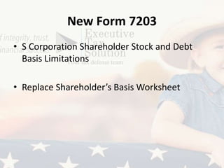 New Form 7203
• S Corporation Shareholder Stock and Debt
Basis Limitations
• Replace Shareholder’s Basis Worksheet
 