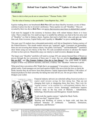 “
Page 1 of 9 June 2014 © Copyright StockTakers Limited, All Rights Reserved. Copying Prohibited.
The author does not provide investment advice. In order to use reproduce or convey the material herein,
in any way, written agreement must be obtained from the author or its agent Architypes Inc.
StockTakers Limited is an Alberta corporation providing information on “likeables” equities.
StockTakers Limited encourages your seeking tax law advisor for capital gains tax dispositions.
Defend Your Capital, TaxCharityTM
Update–15 June 2014
Equities trading above our benchmark Risk Price (SF) are those liked by investors, as two of three
continue to price rise due to investors’ preference. These equities we call “likeables.” They are
revealed by their rise above Risk Price, our metric that investors must know to defend their capital1
.
Cash must be engaged in the economy in business ideas with valiant balance sheets or it loses
value. That is simple fact. For small savings it is needful but arbitrary you feed at the low price end
of "likeables" we find in balance sheets. Equities that tend to hold their value and gain are better
than cash. Risk Aversion, Capital Safety and Liquidity in ‘likeables’ we prove works for you.
This past year US markets have rebounded particularly well fed on Quantitative Eating courtesy of
the Federal Reserve. This month market mavens got ‘surprised’ again. Consumers are demanding,
firms are not reversing their balance sheets. Our public TaxCharityTM
and BookBuilderTM
portfolios
show better using our new theory of the firm. We seek accredited investors to advance the impact
of what we have proven. Meanwhile enjoy our charity to small investors, because we can.
The larger your “likeables” portfolio will tend to average 26% per annum Internal Rate of Return as
proven through the two recessions of these past 13 years. See our articles StockTakers’ 2012Q1
bite on DJI2
. and The Counter Culture: Case for a Can Opener3
. Our work stands on giants,
insights of three very different laureates, and more, evidence. Our “likeables” behaviour is proof.
What proof does convention offer? Right that is an oxymoron4
. Convention is flat-landers in a
global reality. Fund managers are just used equities traders who never kick the tires or check the
fluids, because they do not know more than pretense, Capital Appreciation Raiders, CAR sellers, of
financial products for their unworthy fee-taking but none left for you. Do not give those Artful
Dodgers your wallet.
Financial industry advisors are schooled selling financial products to
exploit small investor savings for their taking fees. They are not
changing their tools or sharpening those they have. They took the
“regular courses” to be certified in a self-regulated industry that is
only their own creative fiction. Seemingly, certification requires
intensive study in the key tools of Rhetoric - Adumbration,
Subterfuge, Mystification and Derogation. Sounds familiar.
“I only took the regular courses,” sighed the Mock Turtle.
“What was that?” inquired Alice.
“Reeling and Writhing, of course, to begin with, and then the
different branches of Arithmetic – Ambition, Distraction,
Uglification, and Derision.”
"there is risk in what you do not or cannot know." Thomas Tooke, 1844
"for the value of money is also perishable." Jean-Baptiste Say , 1803
 