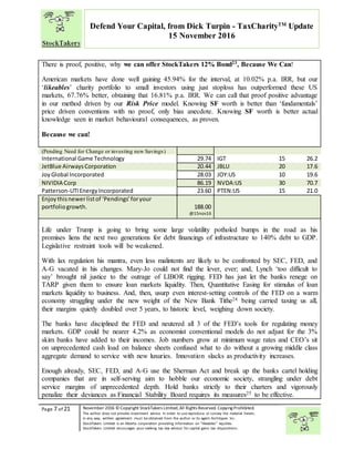 “
Page 7 of 21 November 2016 © Copyright StockTakers Limited,All Rights Reserved. Copying Prohibited.
The author does not provide investment advice. In order to use reproduce or convey the material herein,
in any way, written agreement must be obtained from the author or its agent Architypes Inc.
StockTakers Limited is an Alberta corporation providing information on “likeables” equities.
StockTakers Limited encourages your seeking tax law advisor for capital gains tax dispositions.
Defend Your Capital, from Dick Turpin - TaxCharityTM
Update
15 November 2016
There is proof, positive, why we can offer StockTakers 12% Bond23, Because We Can!
American markets have done well gaining 45.94% for the interval, at 10.02% p.a. IRR, but our
‘likeables’ charity portfolio to small investors using just stoploss has outperformed these US
markets, 67.76% better, obtaining that 16.81% p.a. IRR. We can call that proof positive advantage
in our method driven by our Risk Price model. Knowing SF worth is better than ‘fundamentals’
price driven conventions with no proof, only bias anecdote. Knowing SF worth is better actual
knowledge seen in market behavioural consequences, as proven.
Because we can!
(Pending Need for Change or investing new Savings)
International Game Technology 29.74 IGT 15 26.2
JetBlue AirwaysCorporation 20.44 JBLU 20 17.6
JoyGlobal Incorporated 28.03 JOY:US 10 19.6
NIVIDIA Corp 86.19 NVDA:US 30 70.7
Patterson-UTIEnergyIncorporated 23.60 PTEN:US 15 21.0
Enjoythisnewerlistof ‘Pendings’foryour
portfoliogrowth. 188.00
@15nov16
Life under Trump is going to bring some large volatility potholed bumps in the road as his
promises liens the next two generations for debt financings of infrastructure to 140% debt to GDP.
Legislative restraint tools will be weakened.
With lax regulation his mantra, even less malintents are likely to be confronted by SEC, FED, and
A-G vacated in his changes. Mary-Jo could not find the lever, ever; and, Lynch ‘too difficult to
say’ brought nil justice to the outrage of LIBOR rigging. FED has just let the banks renege on
TARP given them to ensure loan markets liquidity. Then, Quantitative Easing for stimulus of loan
markets liquidity to business. And, then, usurp even interest-setting controls of the FED on a warm
economy struggling under the new weight of the New Bank Tithe24 being carried taxing us all,
their margins quietly doubled over 5 years, to historic level, weighing down society.
The banks have disciplined the FED and neutered all 3 of the FED’s tools for regulating money
markets. GDP could be nearer 4.2% as economist conventional models do not adjust for the 3%
skim banks have added to their incomes. Job numbers grow at minimum wage rates and CEO’s sit
on unprecedented cash load on balance sheets confused what to do without a growing middle class
aggregate demand to service with new luxuries. Innovation slacks as productivity increases.
Enough already, SEC, FED, and A-G use the Sherman Act and break up the banks cartel holding
companies that are in self-serving aim to hobble our economic society, strangling under debt
service margins of unprecedented depth. Hold banks strictly to their charters and vigorously
penalize their deviances as Financial Stability Board requires its measures25 to be effective.
 
