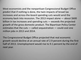 Most economists and the nonpartisan Congressional Budget Office
predict that if nothing is done, the twin impacts of broad tax
increases and across-the-board spending cuts would send the
economy back into recession. The 2013 impact alone — about $600
billion in tax increases and spending cuts — exceeds the projected
growth of the gross domestic product. The Bipartisan Policy Center
estimates that the cuts — called sequestration — could cost one
million jobs in 2013 and 2014.

The Congressional Budget Office projected that real economic
growth would decline at an annual rate of 2.9 percent during the first
half of 2013. Unemployment would rise to 9.1 percent by the end of
next year.
 