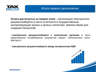 Итоги первого десятилетия


 Успехи достигнутые на первом этапе – организации электронного
 документооборота в части отчетности в государственные
 контролирующие органы и органы статистики явились базой для
 создания технологий:

 • электронного документооборота с налоговыми органами в части
 представления истребованных документов (проект «Электронные счета-
 фактуры»)

 • электронного документооборота между контрагентами В2В




www.taxcom.ru
 