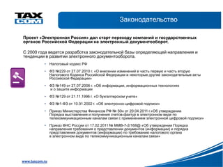 Законодательство

Проект «Электронная Россия» дал старт переходу компаний и государственных
органов Российской Федерации на электронный документооборот.

С 2000 года ведется разработка законодательной базы определяющей направления и
тенденции в развитии электронного документооборота.
           • Налоговый кодекс РФ
           • ФЗ №229 от 27.07.2010 г. «О внесении изменений в часть первую и часть вторую
             Налогового Кодекса Российской Федерации и некоторые другие законодательные акты
             Российской Федерации»
           • ФЗ №149 от 27.07.2006 г. «Об информации, информационных технологиях
             и о защите информации
           • ФЗ №129 от 21.11.1996 г. «О бухгалтерском учете»
           • ФЗ №1-ФЗ от 10.01.2002 г. «Об электронно-цифровой подписи»
           • Приказ Министерства Финансов РФ № 50н от 20.04.2011 г.«Об утверждении
             Порядка выставления и получения счетов-фактур в электронном виде по
             телекоммуникационным каналам связи с применением электронной цифровой подписи»
           • Приказ ФНС России от 17.02.2011 № ММВ-7-2/168@ «Об утверждении Порядка
             направления требования о представлении документов (информации) и порядка
             представления документов (информации) по требованию налогового органа
             в электронном виде по телекоммуникационным каналам связи»




www.taxcom.ru
 