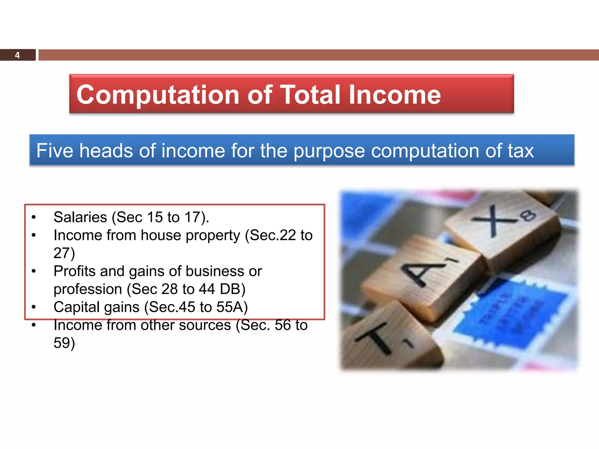 4



           Computation of Total Income

    Five heads of income for the purpose computation of tax


    •   Salaries (Sec 15 to 17).
    •   Income from house property (Sec.22 to
        27)
    •   Profits and gains of business or
        profession (Sec 28 to 44 DB)
    •   Capital gains (Sec.45 to 55A)
    •   Income from other sources (Sec. 56 to
        59)
 