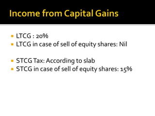   LTCG : 20%
   LTCG in case of sell of equity shares: Nil

   STCG Tax: According to slab
   STCG in case of sell of equity shares: 15%
 