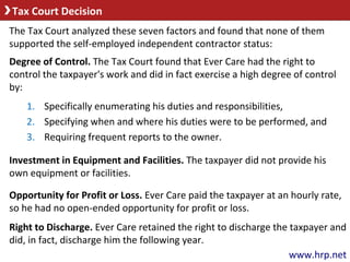 Tax Court Decision
The Tax Court analyzed these seven factors and found that none of them
supported the self-employed inde...