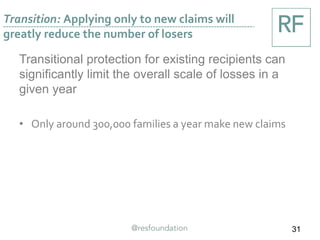 Transition: Applying only to new claims will
greatly reduce the number of losers
31
Transitional protection for existing recipients can
significantly limit the overall scale of losses in a
given year
• Only around 300,000 families a year make new claims
 