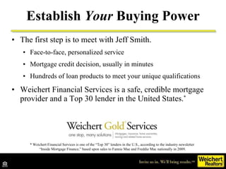 Establish  Your  Buying Power ,[object Object],[object Object],[object Object],[object Object],[object Object],* Weichert Financial Services is one of the “Top 30” lenders in the U.S., according to the industry newsletter  “Inside Mortgage Finance,” based upon sales to Fannie Mae and Freddie Mac nationally in 2009. 