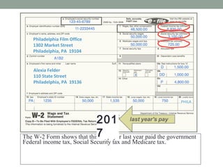 Alexia Felder
110 State Street
Philadelphia, PA 19136
Philadelphia Film Office
1302 Market Street
Philadelphia, PA 19104
W-2 WAGE AND TAX STATEMENT 2016
Alexia Felder
110 State Street
Philadelphia, PA 19136
Philadelphia Film Office
1302 Market Street
Philadelphia, PA 19104
2016
The W-2 Form shows that this taxpayer last year paid the government
Federal income tax, Social Security tax and Medicare tax.
She paid State and Local (city) taxes, too.
How much in taxes did she pay for the year?
PHILA
201
7
 