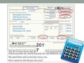 Alexia Felder
110 State Street
Philadelphia, PA 19136
Philadelphia Film Office
1302 Market Street
Philadelphia, PA 19104
W-2 WAGE AND TAX STATEMENT 2016
Alexia Felder
110 State Street
Philadelphia, PA 19136
Philadelphia Film Office
1302 Market Street
Philadelphia, PA 19104
2016
The W-2 Form shows that this taxpayer last year paid the government
Federal income tax, Social Security tax and Medicare tax.
She paid State and Local (city) taxes, too.
How much tax did she pay last year?
PHILA
6835.00
201
7
 