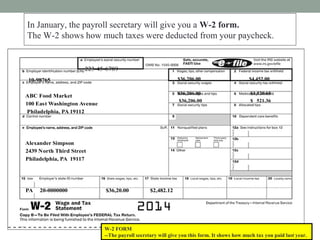 In January, the payroll secretary will give you a W-2 form.
The W-2 shows how much taxes were deducted from your paycheck.
223-45-6789
10-98765
ABC Food Market
100 East Washington Avenue
Philadelphia, PA 19112
Alexander Simpson
2439 North Third Street
Philadelphia, PA 19117
PA 20-0000000 $36,20.00 $2,482.12
$36,206.00 $4,452.00
$36,206.00 $1,520.65
$36,206.00 $ 521.36
W-2 FORM
--The payroll secretary will give you this form. It shows how much tax you paid last year.
 