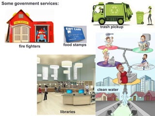 Some government services:
clean water
libraries
trash pickup
food stampsfire fighters
 