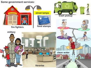 Some government services:
fire fighters food stamps
street lamps
trash pickup
clean water
libraries
military
 