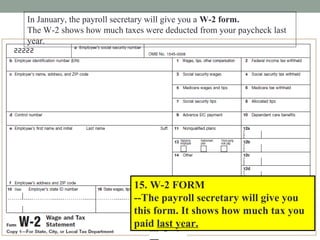 In January, the payroll secretary will give you a W-2 form.
The W-2 shows how much taxes were deducted from your paycheck last
year.
201
15. W-2 FORM
--The payroll secretary will give you
this form. It shows how much tax you
paid last year.
 