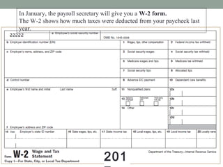 In January, the payroll secretary will give you a W-2 form.
The W-2 shows how much taxes were deducted from your paycheck last
year.
201201
 