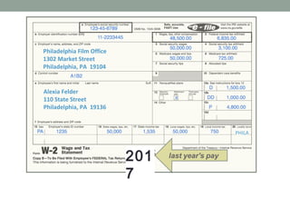 Alexia Felder
110 State Street
Philadelphia, PA 19136
Philadelphia Film Office
1302 Market Street
Philadelphia, PA 19104
W-2 WAGE AND TAX STATEMENT 2016
Alexia Felder
110 State Street
Philadelphia, PA 19136
Philadelphia Film Office
1302 Market Street
Philadelphia, PA 19104
2016
PHILA
201
7
 