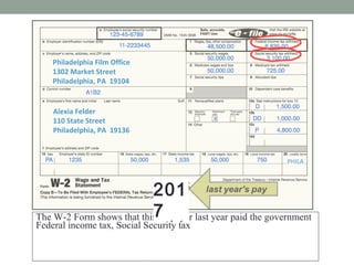 Alexia Felder
110 State Street
Philadelphia, PA 19136
Philadelphia Film Office
1302 Market Street
Philadelphia, PA 19104
W-2 WAGE AND TAX STATEMENT 2016
Alexia Felder
110 State Street
Philadelphia, PA 19136
Philadelphia Film Office
1302 Market Street
Philadelphia, PA 19104
2016
The W-2 Form shows that this taxpayer last year paid the government
Federal income tax, Social Security tax and Medicare tax.
She paid State and Local (city) taxes, too.
How much in taxes did she pay for the year?
PHILA
201
7
 