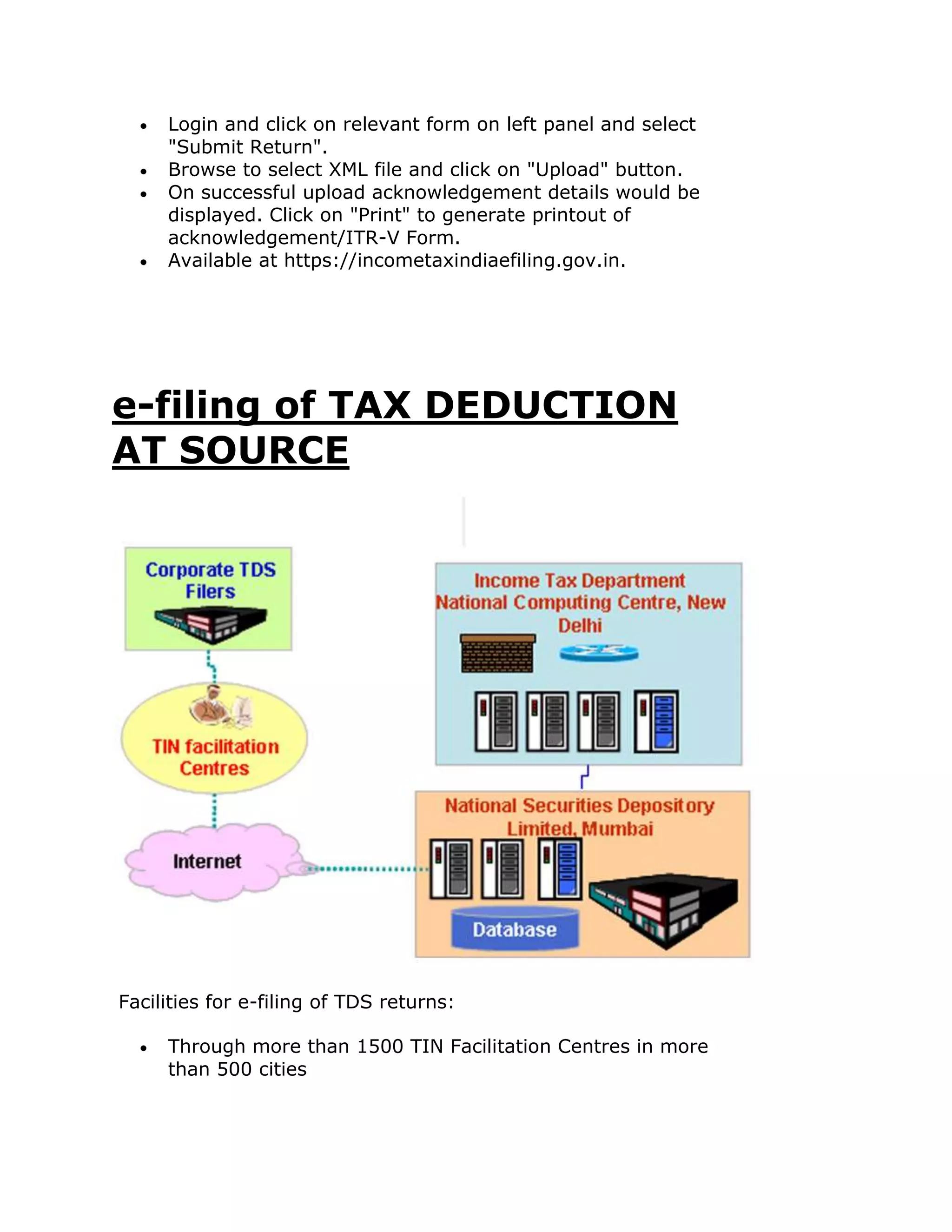 Login and click on relevant form on left panel and select
     "Submit Return".
     Browse to select XML file and click on "Upload" button.
     On successful upload acknowledgement details would be
     displayed. Click on "Print" to generate printout of
     acknowledgement/ITR-V Form.
     Available at https://incometaxindiaefiling.gov.in.




e-filing of TAX DEDUCTION
AT SOURCE




Facilities for e-filing of TDS returns:

     Through more than 1500 TIN Facilitation Centres in more
     than 500 cities
 