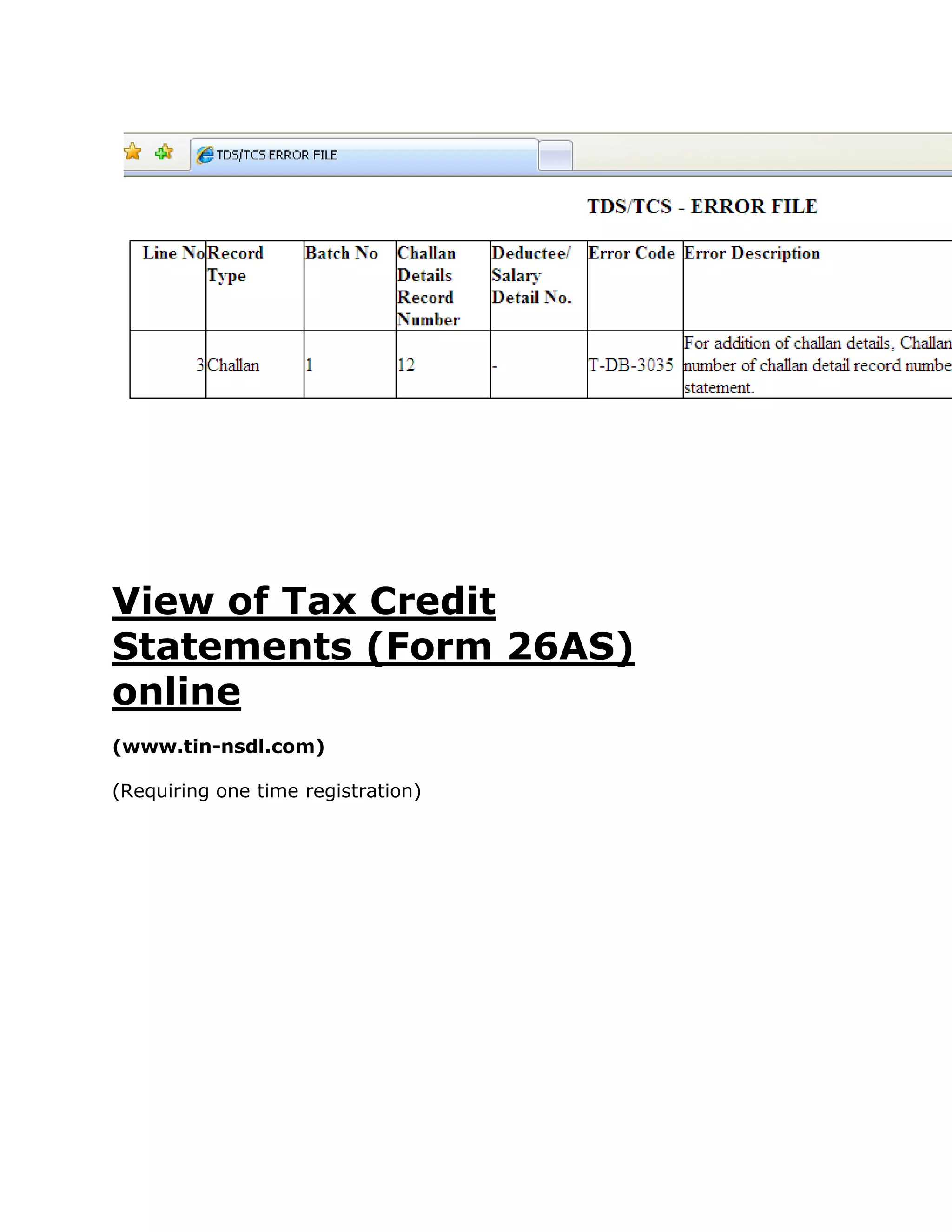 View of Tax Credit
Statements (Form 26AS)
online
(www.tin-nsdl.com)

(Requiring one time registration)
 