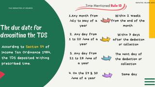 According to Section 59 of
Income Tax Ordinance 1984,
the TDS deposited withing
prescribed time.
1.Any month from
July to May of a
year
2. Any day from
1 to 20 June of a
year
3. Any day from
21 to 28 June of
a year
4. On the 29 & 30
June of a year
W ithin 2 weeks
from the end of the
month
W ithin 7 days
after the deduction
or collection
The next day of
the deduction or
collection
Same day
 