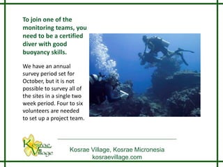 To join one of the
monitoring teams, you
need to be a certified
diver with good
buoyancy skills.

We have an annual
survey period set for
October, but it is not
possible to survey all of
the sites in a single two
week period. Four to six
volunteers are needed
to set up a project team.




                   Kosrae Village, Kosrae Micronesia
                          kosraevillage.com
 