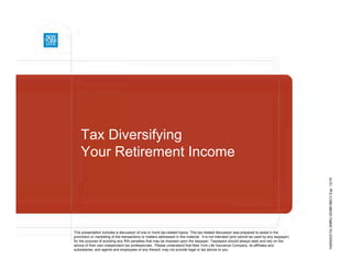 Tax Diversifying
Your Retirement Income
This presentation includes a discussion of one or more tax-related topics. This tax-related discussion was prepared to assist in the
promotion or marketing of the transactions or matters addressed in this material. It is not intended (and cannot be used by any taxpayer)
for the purpose of avoiding any IRA penalties that may be imposed upon the taxpayer. Taxpayers should always seek and rely on the
advice of their own independent tax professionals. Please understand that New York Life Insurance Company, its affiliates and
subsidiaries, and agents and employees of any thereof, may not provide legal or tax advice to you.
14400(03/10)SMRU00386186CVExp.12/10
 