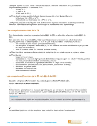 Cette part, appelée «Quota», passe à 53% (au lieu de 52%) des fonds collectés en 2012 pour atteindre
  progressivement (décret du 23 décembre 2011) :
       • 55% en 2013 ;
       • 57% en 2014 ;
       • 59% à partir de 2015.
  La TA se répartit en deux quotités, le Quota d’apprentissage et le «Hors Quota» ( Barème) :
       • le Quota est ﬁxé à 53% de la TA ;
       • le Hors Quota (ou Barème) est ﬁxé à 47% de la TA.
  La TA permet, depuis la loi du 16 juillet 1971, de ﬁnancer les dépenses nécessaires au développement des
  formations premières de l’enseignement technologique et professionnel dont l’apprentissage.


Les entreprises redevables de la TA

  Sont distinguées les entreprises redevables (article 224-2 du CGI) et celles dites affranchies (article 224-3 du
  CGI).
  Sont redevables de la TA (article 224 du CGI), les entités juridiques qui exercent une activité à caractère
  industriel, commercial ou artisanal (article 34 et 35 du CGI) et réunissent trois conditions cumulatives :
       • être soumises au droit français (principe de territorialité) ;
       • être assujetties à l’impôt sur les sociétés (IS) ou aux bénéﬁces industriels et commerciaux (BIC) au titre
             de l’impôt sur les revenus ;
       • avoir au moins un salarié (qui compose la masse salariale).
  La TA est due dès la première année de création de l’entreprise dès lors qu’elle compte au moins un salarié.
  La TA est due par :
       • les personnes physiques ;
       • les sociétés de personnes et groupements d’intérêt économique exerçant une activité revêtant du point de
           vue ﬁscal, un caractère industriel, commercial ou artisanal ;
       • les sociétés, associations et organismes redevables de l’impôt sur les sociétés ;
       • les coopératives agricoles (production, transformation, conservation et vente) ;
       • les centres de gestion agréés ;
       • les caisses de crédit agricole ;
       • les entreprises nationalisées.


Les entreprises affranchies de la TA (Art. 224-3 du CGI)

  Seules les entreprises affranchies sont dispensées du paiement de la TA et de la CDA.
  Il existe 3 situations d’affranchissement :

  1.
  Toute entreprise qui emploie un ou plusieurs apprentis (quelle que soit la durée du contrat dans l’année) et dont
  la base annuelle d’imposition (masse salariale brute) n’excède pas 6 fois le SMIC annuel soit 100 355 € pour la
  collecte 2012 (MS 2011).
    Nota bene
     Seul l’enregistrement auprès des services compétents prouve l’existence du contrat d’apprentissage (CA).




  2.
  Les sociétés et personnes morales ayant pour objet exclusif les divers ordres d’enseignement.




Taxe d’apprentissage 2012 (masse salariale 2011) / Guide pratique                                                    10
 