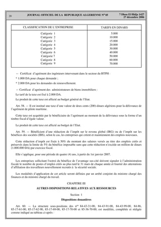20
7 Dhou El Hidja 1427
27 décembre 2006
JOURNAL OFFICIEL DE LA REPUBLIQUE ALGERIENNE N° 85
— Certificat d’agrément des ingénieurs intervenant dans le secteur du BTPH :
* 1.000 DA pour chaque demande ;
* 2.000 DA pour les demandes de renouvellement.
— Certificat d’agrément des administrateurs de biens immobiliers :
Le tarif de la taxe est fixé à 2.000 DA.
Le produit de cette taxe est affecté au budget général de l’Etat.
Art. 58. — Il est institué une taxe d’une valeur de deux cents (200) dinars algériens pour la délivrance de
l’agrément de pilote maritime.
Cette taxe est acquittée par le bénéficiaire de l’agrément au moment de la délivrance sous la forme d’un
timbre fiscal d’égale valeur.
Le produit de cette taxe est affecté au budget de l’Etat.
Art. 59. — Bénéficient d’une réduction de l’impôt sur le revenu global (IRG) ou de l’impôt sur les
bénéfices des sociétés (IBS), selon le cas, les entreprises qui créent et maintiennent des emplois nouveaux.
Cette réduction d’impôt est fixée à 50% du montant des salaires versés au titre des emplois créés et
préservés dans la limite de 5% du bénéfice imposable sans que cette réduction n’excède un million de dinars
(1.000.000 DA) par exercice fiscal.
Elle s’applique, pour une période de quatre (4) ans, à partir du 1er janvier 2007.
Les entreprises sollicitant l'octroi du bénéfice de l’avantage sus-cité doivent signaler à l’administration
fiscale le nombre de postes d’emploi créés au plus tard le 31 mars de chaque année et fournir des attestations
d’affiliation des travailleurs nouvellement recrutés à la sécurité sociale.
Les modalités d’application de cet article seront définies par un arrêté conjoint du ministre chargé des
finances et du ministre chargé du travail.
CHAPITRE III
AUTRES DISPOSITIONS RELATIVES AUX RESSOURCES
Section 1
Dispositions douanières
Art. 60. — La structure sous-positions des nos 84-43-31-00, 84-43-91-00, 84-43-99-00, 84-86,
85-17-61-00, 85-17-62-90, 85-17-69-00, 85-17-70-00 et 85-36-70-00, est modifiée, complétée et rédigée
comme indiqué au tableau ci-après :
CLASSIFICATION DE L’ENTREPRISE TARIFS EN DINARS
Catégorie 1
Catégorie 2
Catégorie 3
Catégorie 4
Catégorie 5
Catégorie 6
Catégorie 7
Catégorie 8
Catégorie 9
5.000
10.000
15.000
20.000
30.000
40.000
50.000
60.000
70.000
 