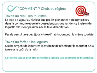 Taxes au réel : les touristes
Taxes au forfait : les logeurs
.
COMMENT ? Choix du régime
 