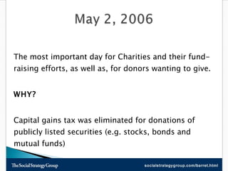 The most important day for Charities and their fund-raising efforts, as well as, for donors wanting to give. WHY? Capital gains tax was eliminated for donations of publicly listed securities (e.g. stocks, bonds and mutual funds) 