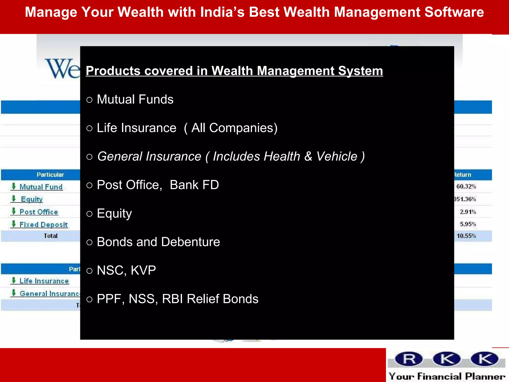 Manage Your Wealth with India’s Best Wealth Management Software Products covered in Wealth Management System Mutual Funds Life Insurance  ( All Companies) General Insurance ( Includes Health & Vehicle ) Post Office,  Bank FD Equity Bonds and Debenture NSC, KVP  PPF, NSS, RBI Relief Bonds 