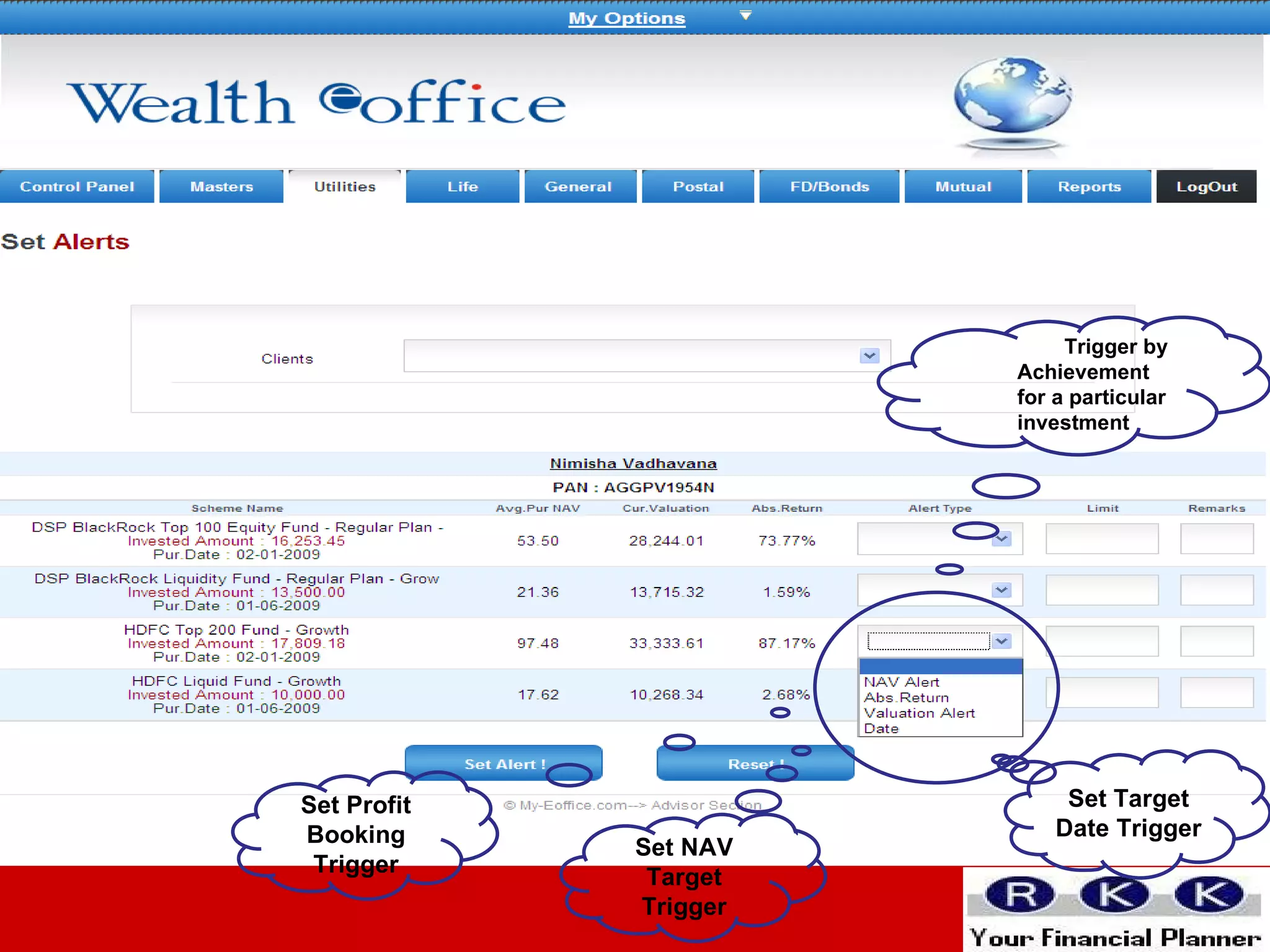 Set Profit Booking Trigger Set NAV Target Trigger Set Target Date Trigger Trigger by Achievement for a particular investment 