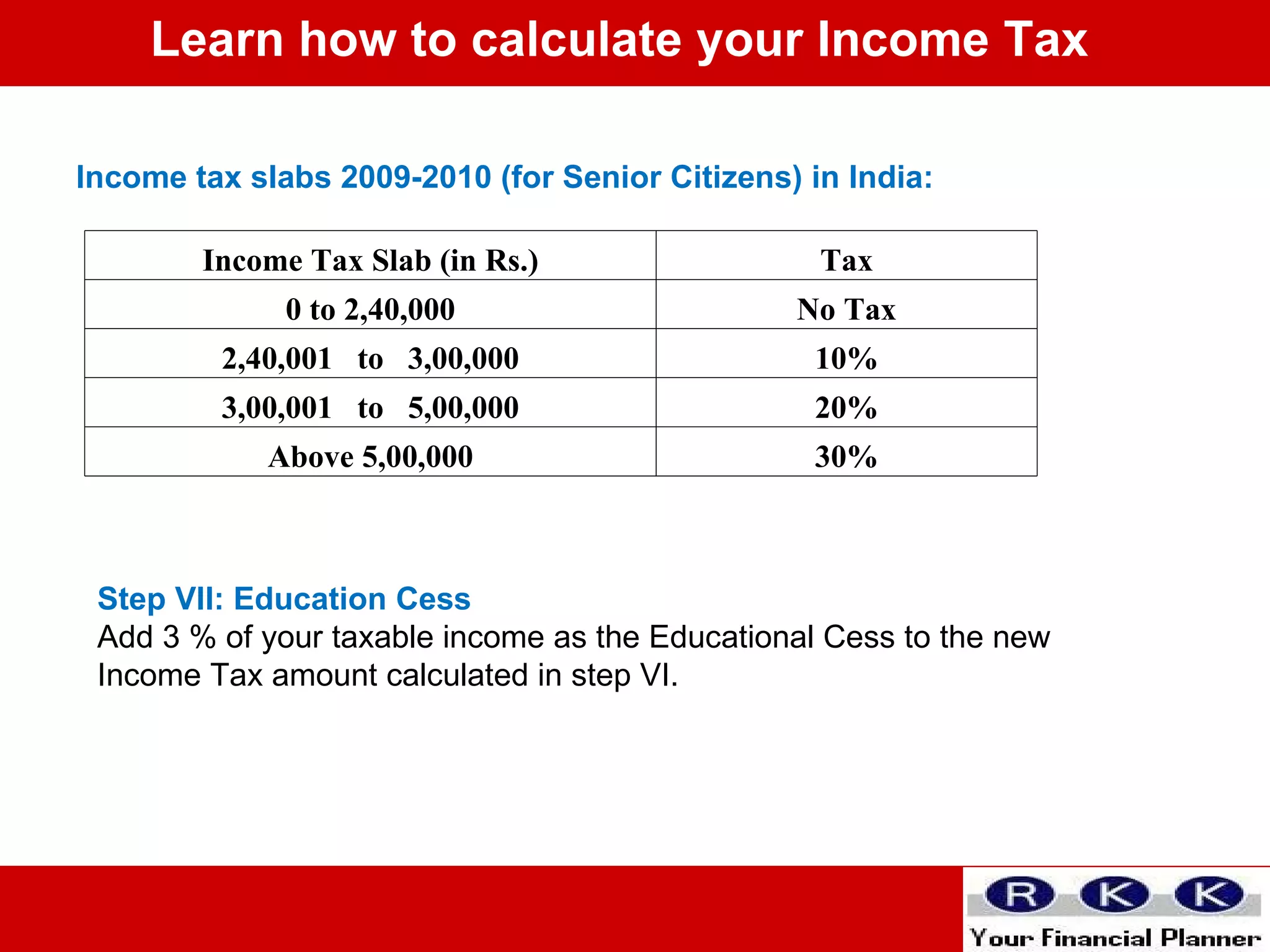 Income tax slabs 2009-2010 (for Senior Citizens) in India: Step VII: Education Cess Add 3 % of your taxable income as the Educational Cess to the new Income Tax amount calculated in step VI. Learn how to calculate your Income Tax Income Tax Slab (in Rs.) Tax 0 to 2,40,000 No Tax 2,40,001  to  3,00,000 10% 3,00,001  to  5,00,000 20% Above 5,00,000 30% 