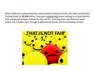 When California implemented the Local Control Funding Formula, the State set the Base
Funding Grant at $6,500 dollars, then gave substantially more funding to school districts
with a large percentage of students that are ELL, receiving Free and Reduced Lunch
and/or are in Foster Care through Supplemental Grants and Concentration Grants.
THAT IS NOT FAIR
 