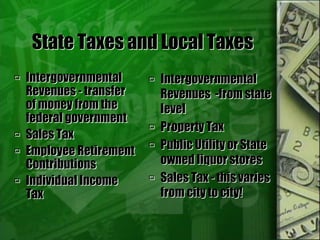 State Taxes and Local Taxes
 Intergovernmental
Revenues - transfer
of money from the
federal government
 Sales Tax
 Employee Retirement
Contributions
 Individual Income
Tax
 Intergovernmental
Revenues -from state
level
 Property Tax
 Public Utility or State
owned liquor stores
 Sales Tax - this varies
from city to city!
 