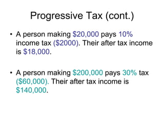 Progressive Tax (cont.)
• A person making $20,000 pays 10%
income tax ($2000). Their after tax income
is $18,000.
• A person making $200,000 pays 30% tax
($60,000). Their after tax income is
$140,000.
 