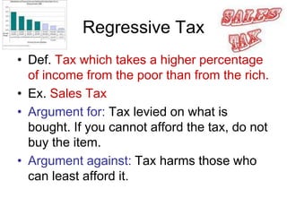 Regressive Tax
• Def. Tax which takes a higher percentage
of income from the poor than from the rich.
• Ex. Sales Tax
• Argument for: Tax levied on what is
bought. If you cannot afford the tax, do not
buy the item.
• Argument against: Tax harms those who
can least afford it.
 