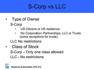 S-Corp vs LLC Type of Owner S-Corp US Citizens or US residence. No Corporation, Partnerships, LLC or Trusts (some exceptions for trusts) LLC No restrictions Class of Stock S-Corp – Only one class allowed LLC - No restrictions Hessenaur & Associates, CPA, P.C.  