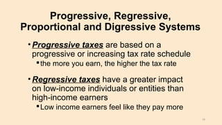 Progressive, Regressive,
Proportional and Digressive Systems
•Progressive taxes are based on a
progressive or increasing tax rate schedule
the more you earn, the higher the tax rate
•Regressive taxes have a greater impact
on low-income individuals or entities than
high-income earners
Low income earners feel like they pay more
24
 