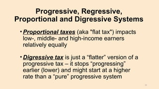 Progressive, Regressive,
Proportional and Digressive Systems
•Proportional taxes (aka "flat tax") impacts
low-, middle- and high-income earners
relatively equally
•Digressive tax is just a “flatter” version of a
progressive tax – it stops “progressing”
earlier (lower) and might start at a higher
rate than a “pure” progressive system
25
 