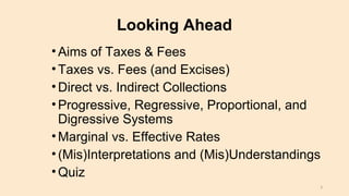 •Aims of Taxes & Fees
•Taxes vs. Fees (and Excises)
•Direct vs. Indirect Collections
•Progressive, Regressive, Proportional, and
Digressive Systems
•Marginal vs. Effective Rates
•(Mis)Interpretations and (Mis)Understandings
•Quiz
Looking Ahead
3
 