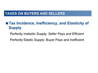 TAXES ON BUYERS AND SELLERS
Tax Incidence, Inefficiency, and Elasticity of
Supply
Perfectly Inelastic Supply: Seller Pays and Efficient
Perfectly Elastic Supply: Buyer Pays and Inefficient
 
