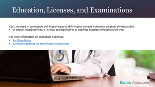 Education, Licenses, and Examinations
Costs incurred in connection with improving your skills in your current profession a...