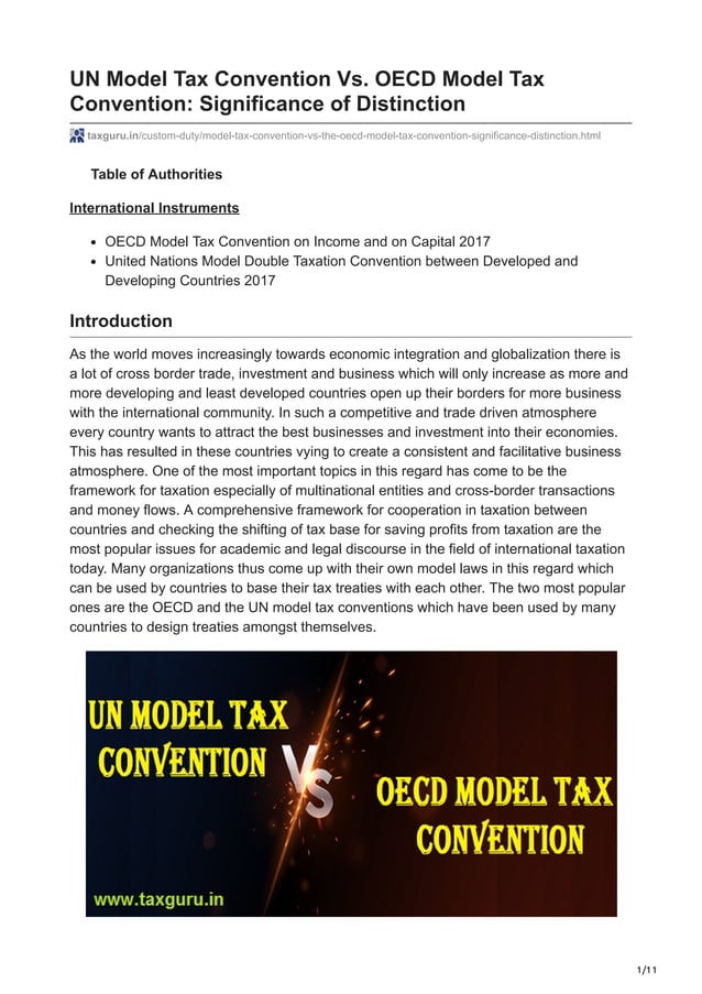 UN Model Tax Convention Vs OECD Model Tax Convention Significance of