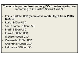 The most important losers among DCs from tax evasion are
(according to Tax Justice Network 2012):
- China: 1200bn USD (cumulative capital flight from 1970s
to 2010)
- Rusia: 800bn USD
- South Korea: 780bn USD
- Brasil: 520bn USD
- Kuwait: 500bn USD
- Mexico: 420bn USD
- Venezuela: 410bn USD
- Argentina: 400bn USD
- Indonesia: 330bn USD
 