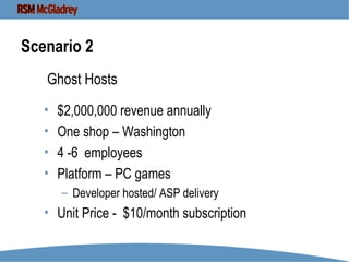 Scenario 2 $2,000,000 revenue annually One shop – Washington 4 -6  employees Platform – PC games Developer hosted/ ASP delivery Unit Price -  $10/month subscription Ghost Hosts 