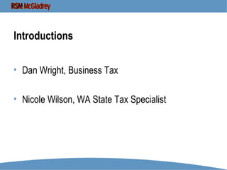 Introductions Dan Wright, Business Tax Nicole Wilson, WA State Tax Specialist 